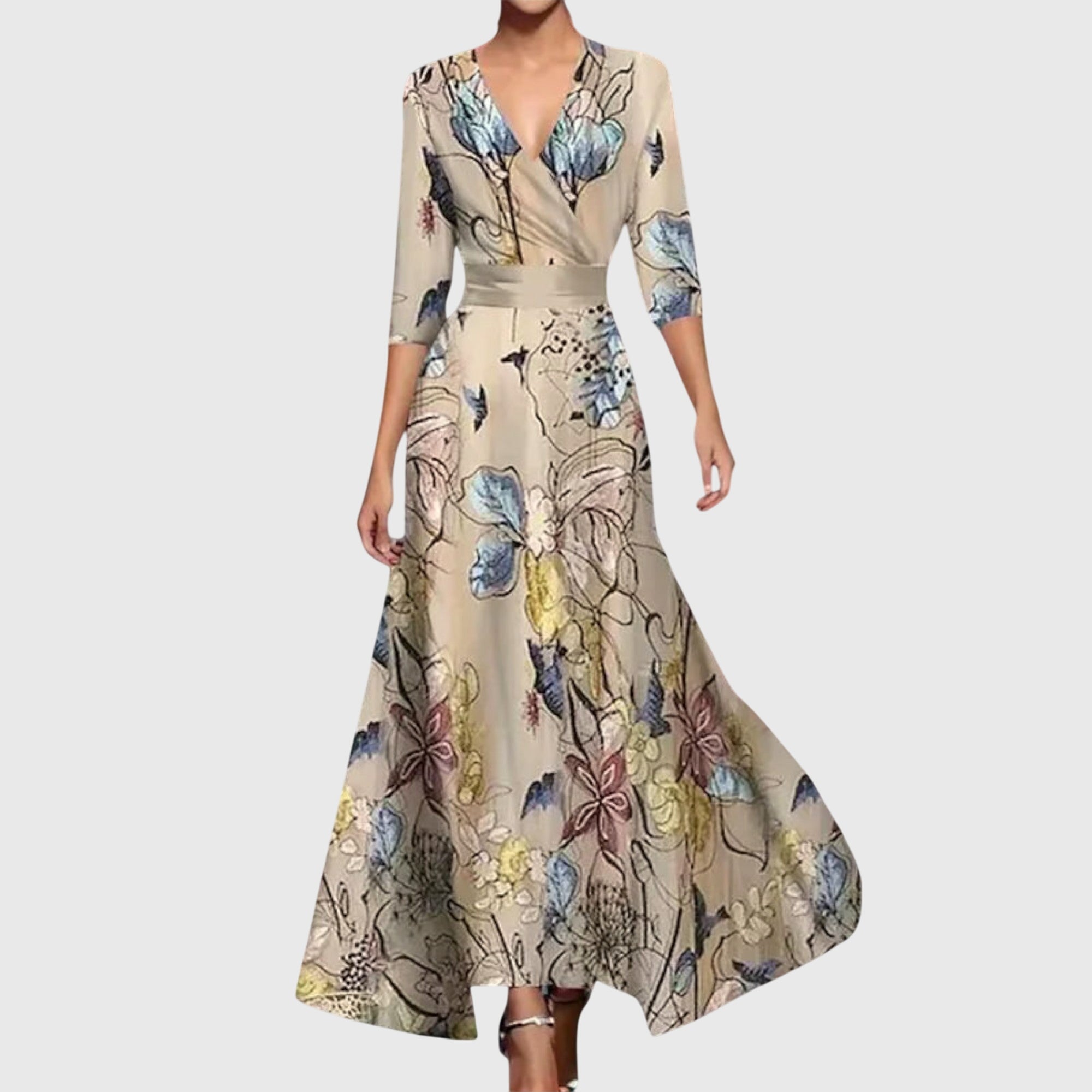 Elegant Midi Dress with a Wrap Neckline, Bold Floral Print and a Flowy Feminine Fit