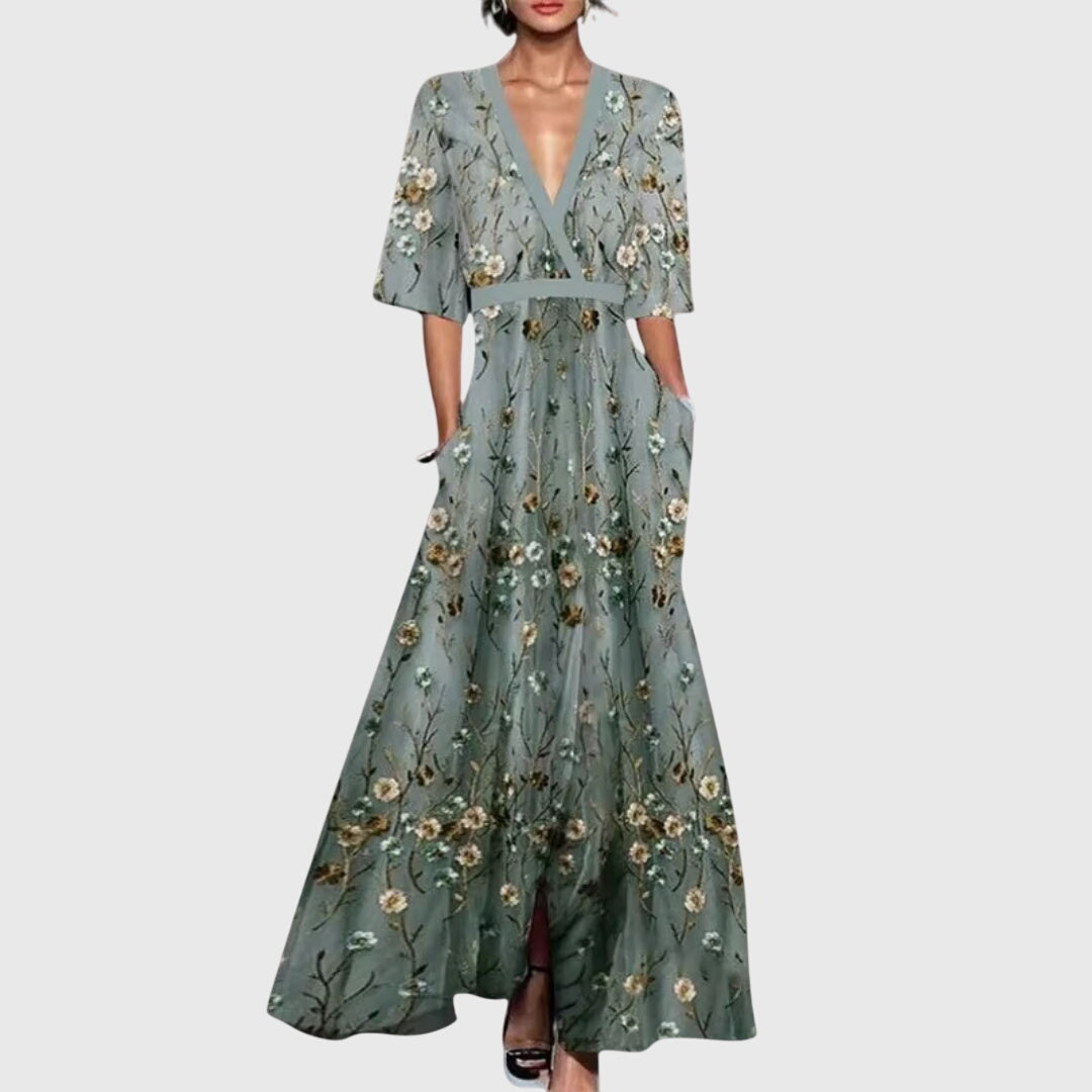 Feminine Maxi Dress with a Wrap Neckline, Flowy Fit and Elegant Style