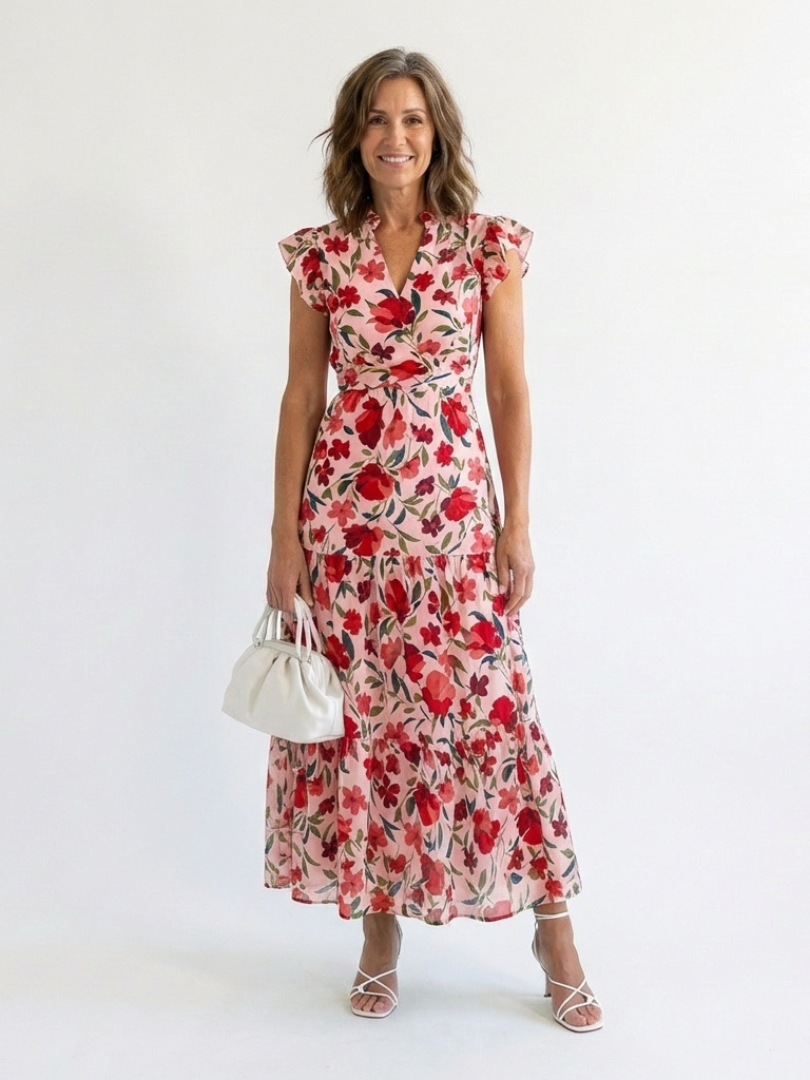 Stylish floral midi dress women V-neck tiered flowy summer wear