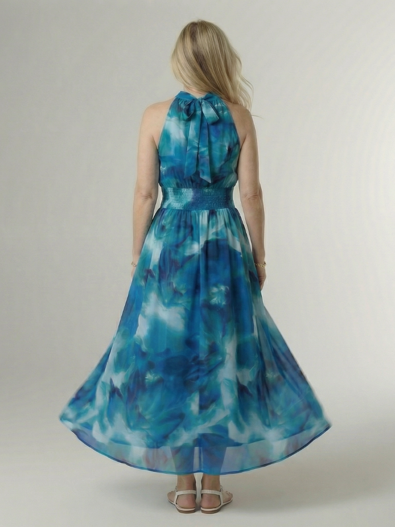 Elegant Gathered Halter Midi Dress | Flowy Summer Style for Women