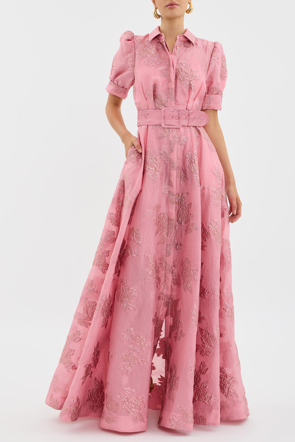 Elaine | Women's Textured Floral Maxi Dress with Belt