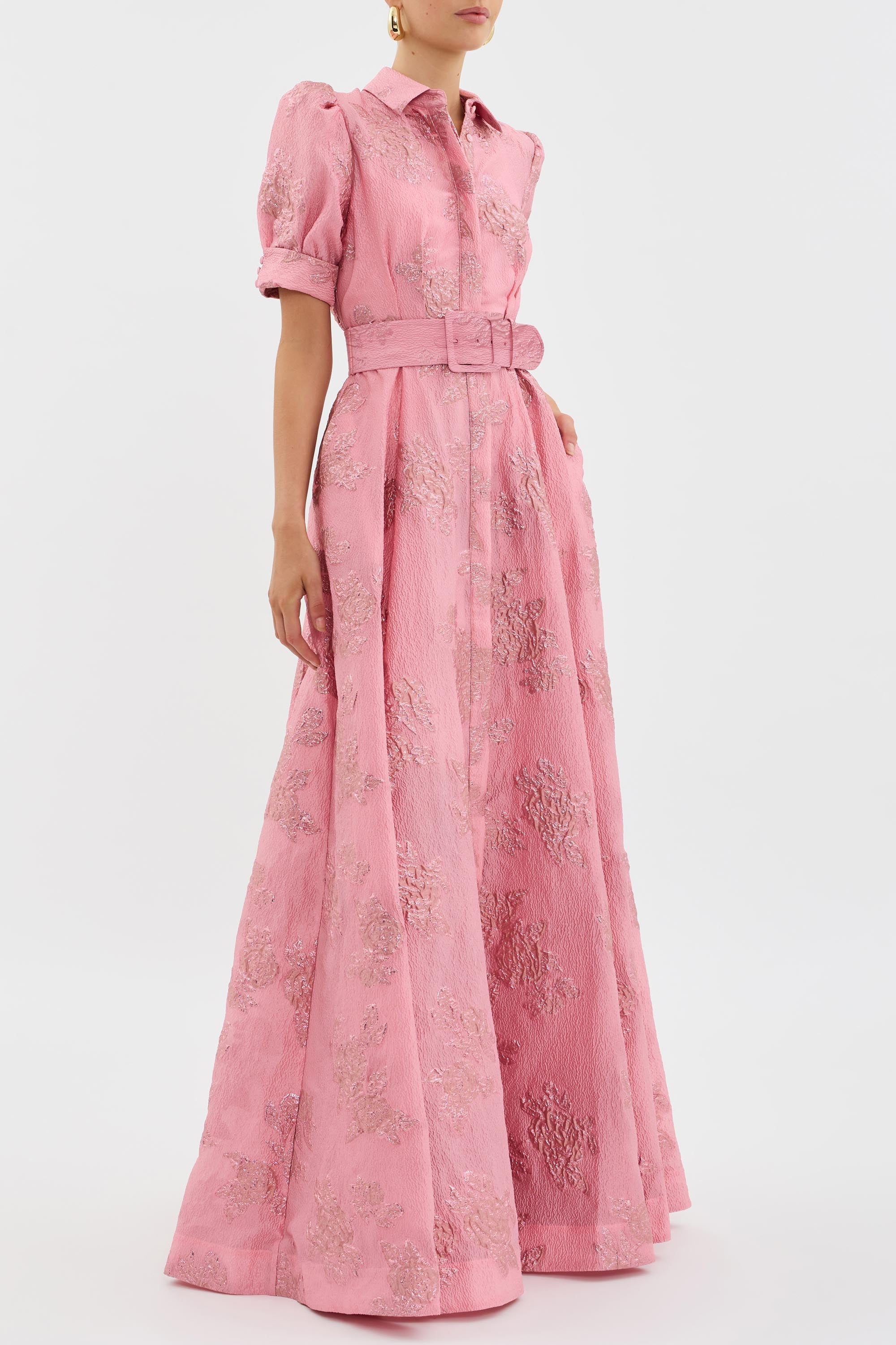 Elaine | Women's Textured Floral Maxi Dress with Belt