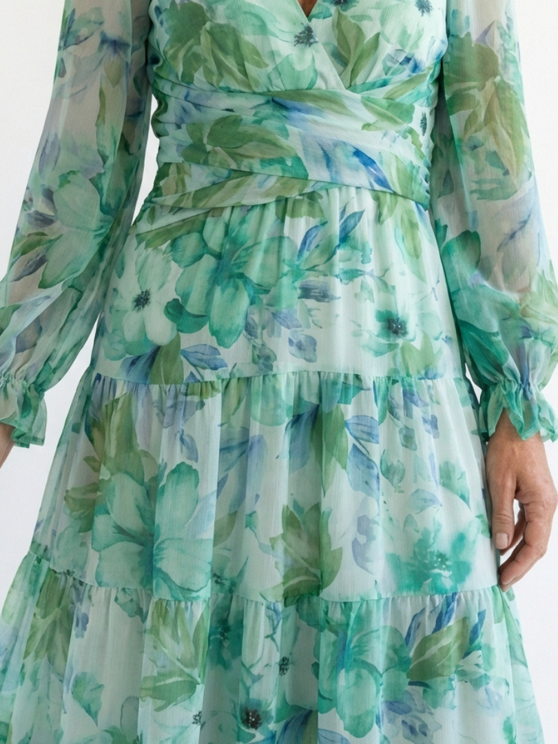 Elegant long sleeve floral maxi dress women soft chic fit