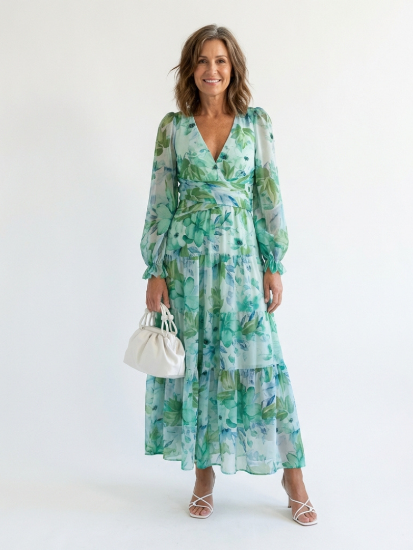 Elegant long sleeve floral maxi dress women soft chic fit