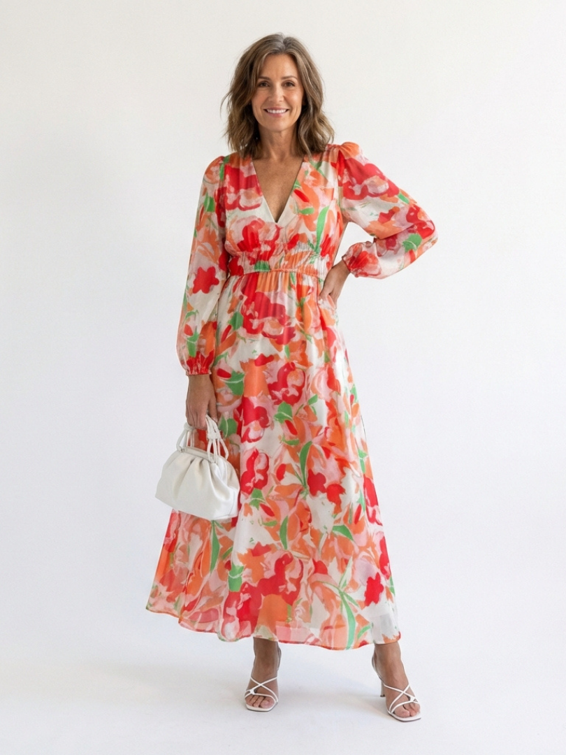 Elegant long sleeve floral maxi dress women soft chic fit