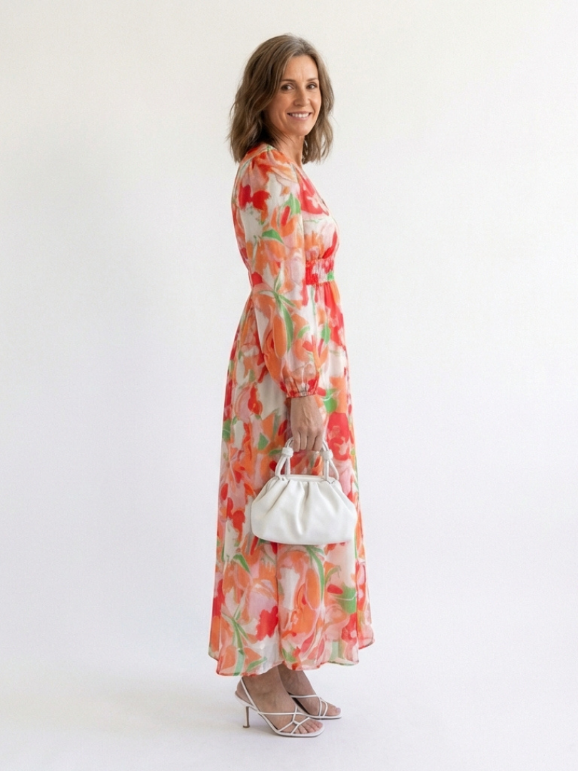Elegant long sleeve floral maxi dress women soft chic fit