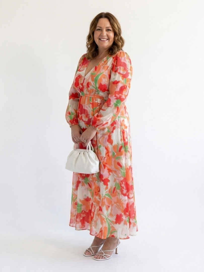 Elegant long sleeve floral maxi dress women soft chic fit