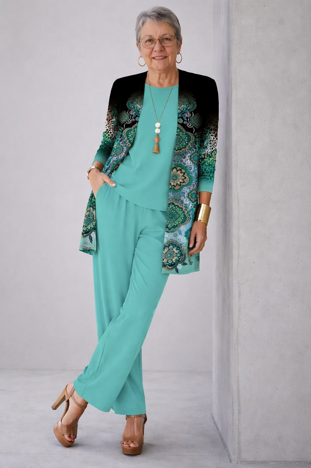Gel | Women's Patterned Cardigan Three-Piece Set