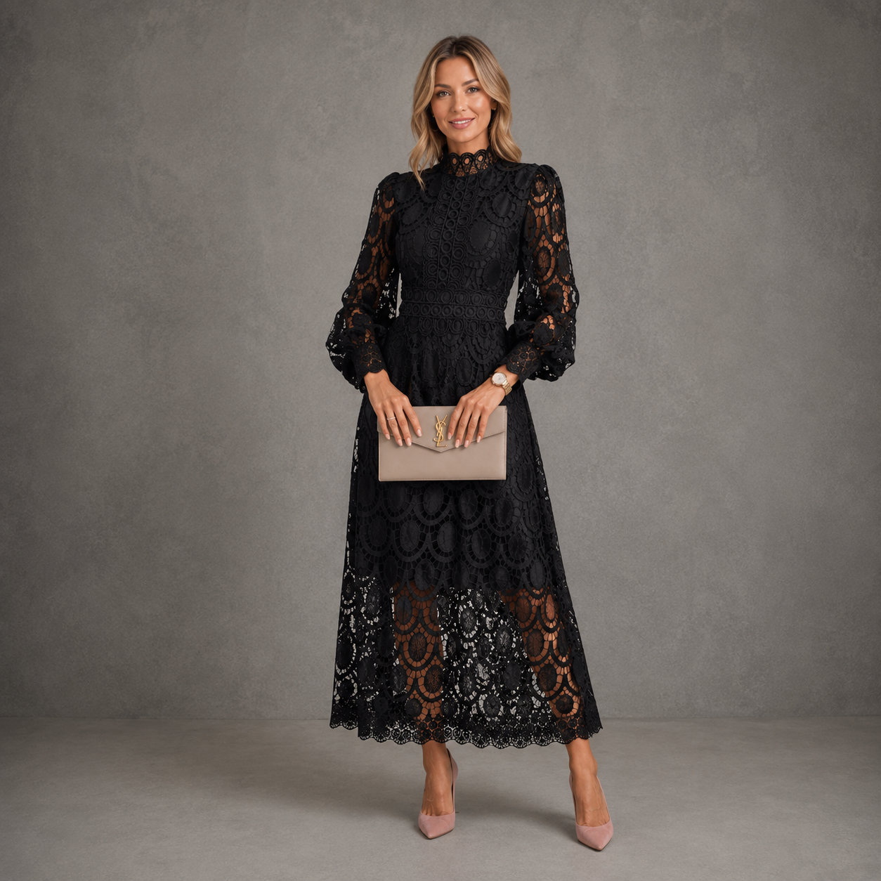 Joanne | Women's Long-Sleeve Lace Midi Dress