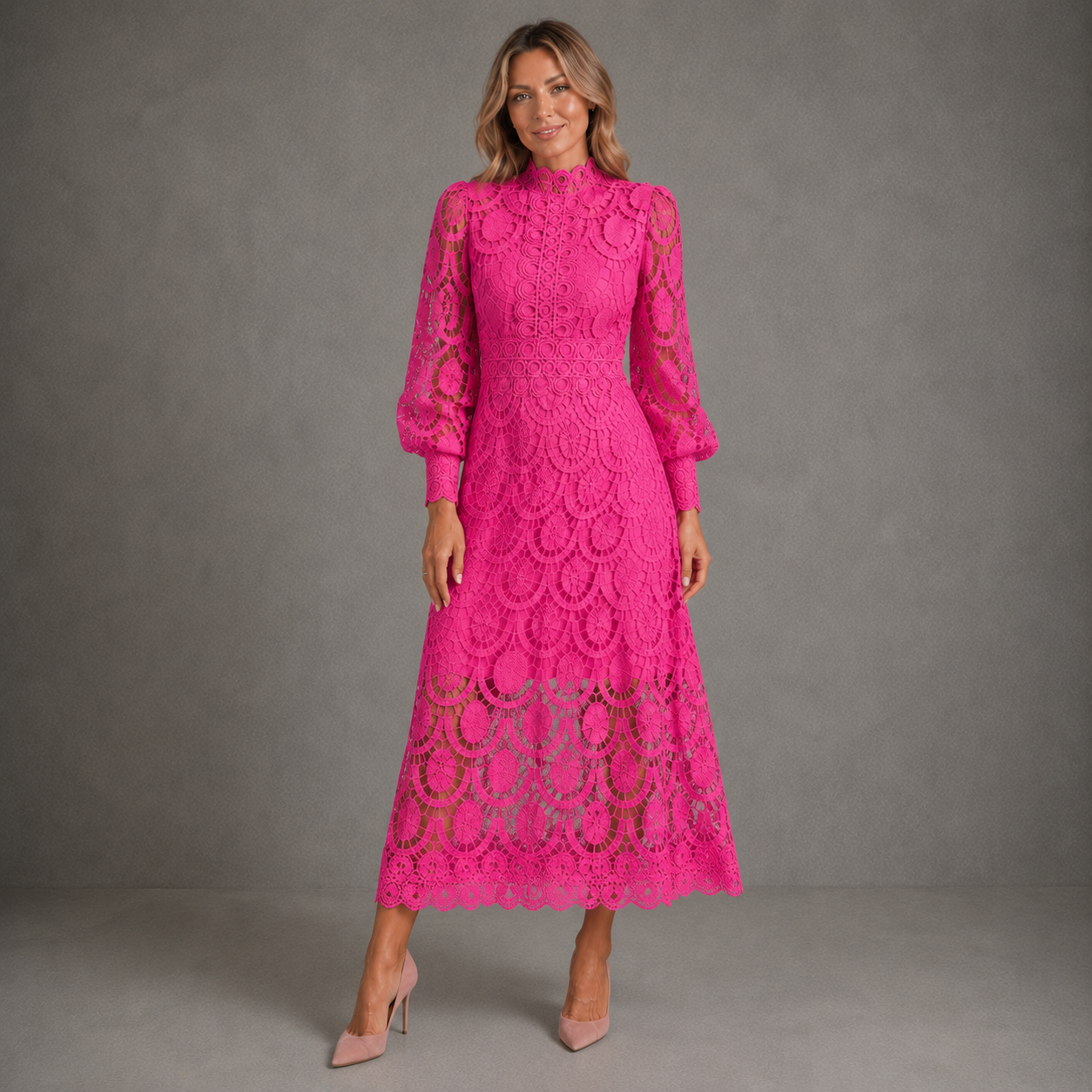 Joanne | Women's Long-Sleeve Lace Midi Dress