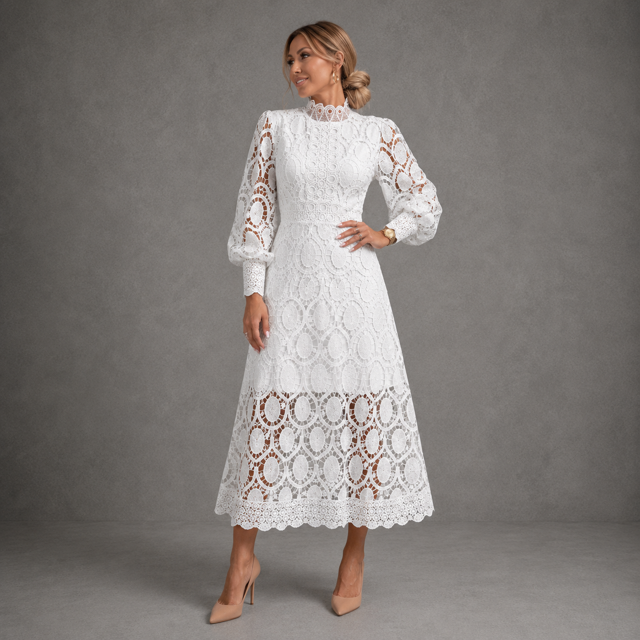 Joanne | Women's Long-Sleeve Lace Midi Dress