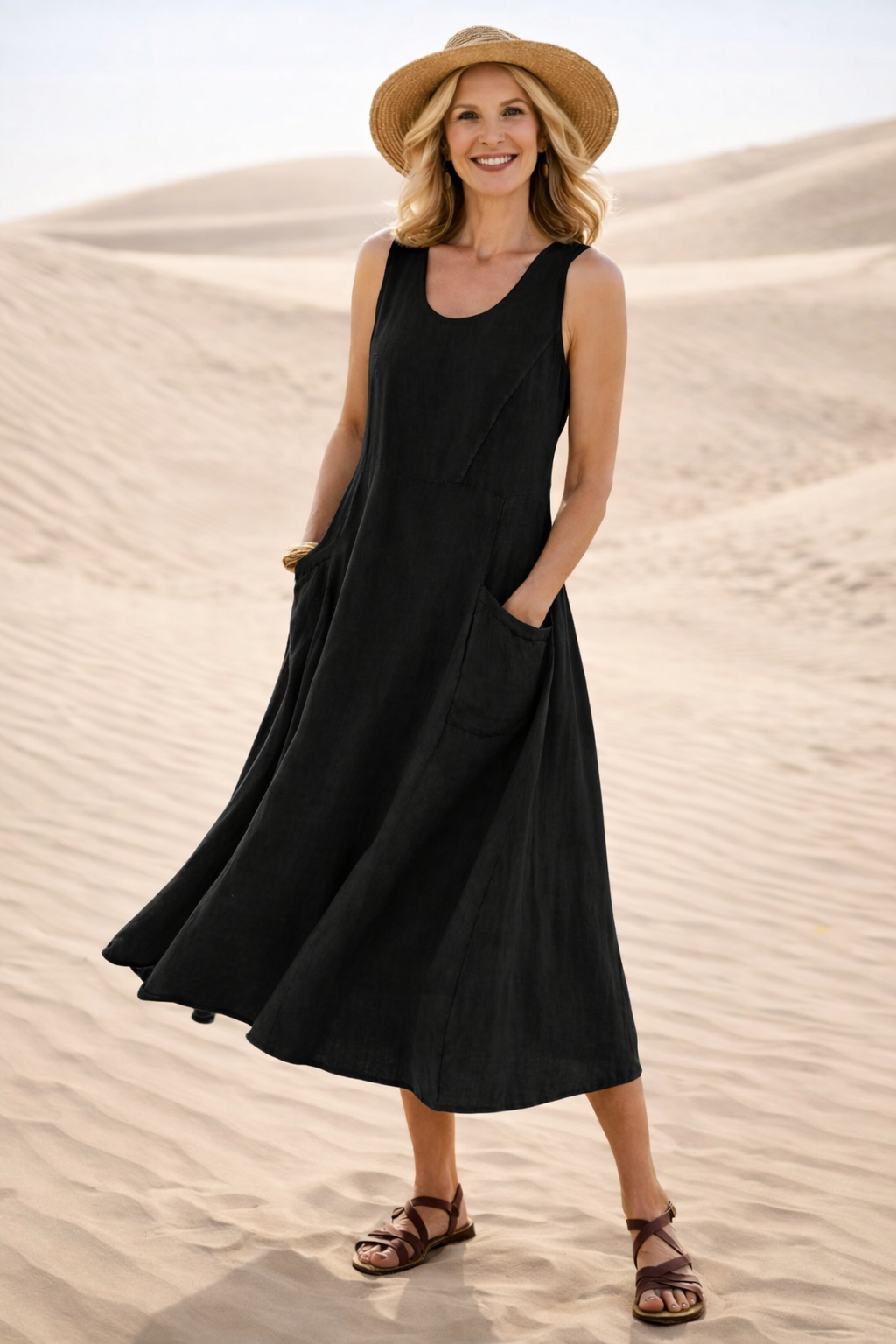 Luna | Women's Sleeveless A-Line Pocket Midi Dress