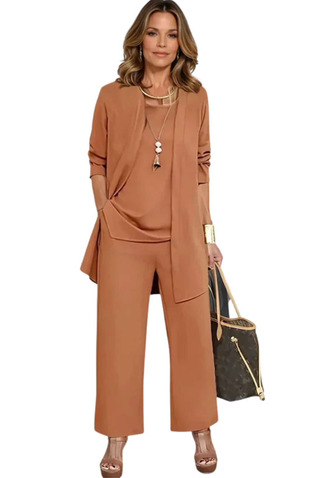 Presley | Women's Caramel Pantsuit with Cardigan