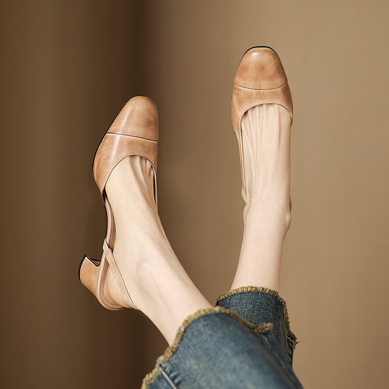 Viviana | Women Leather Slingback Heels Round Toe Block Heel