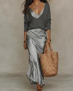 Emery | Women's V-Neck Midi Dress with Ribbed Sweater