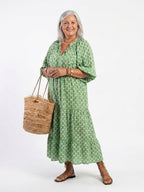 Elegant midi dress women V-neck patterned 3/4 sleeve soft fit