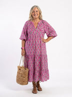 Elegant midi dress women V-neck patterned 3/4 sleeve soft fit