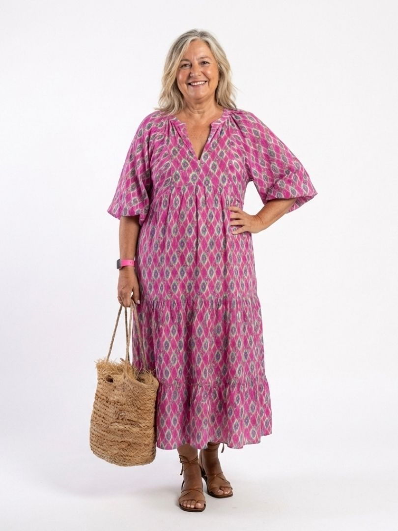 Elegant midi dress women V-neck patterned 3/4 sleeve soft fit