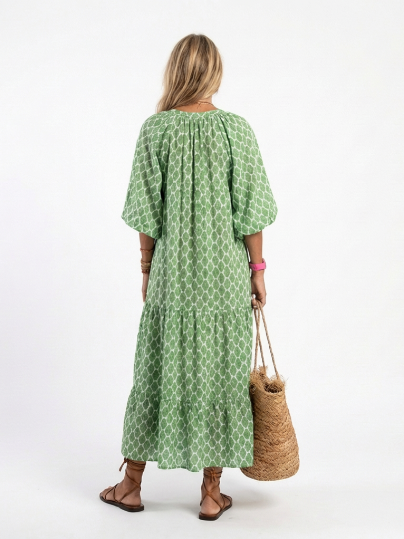 Elegant midi dress women V-neck patterned 3/4 sleeve soft fit
