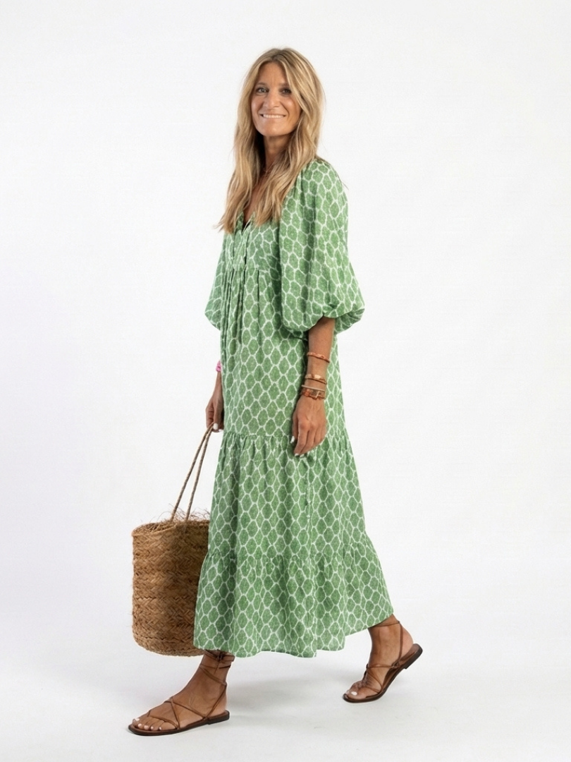 Elegant midi dress women V-neck patterned 3/4 sleeve soft fit