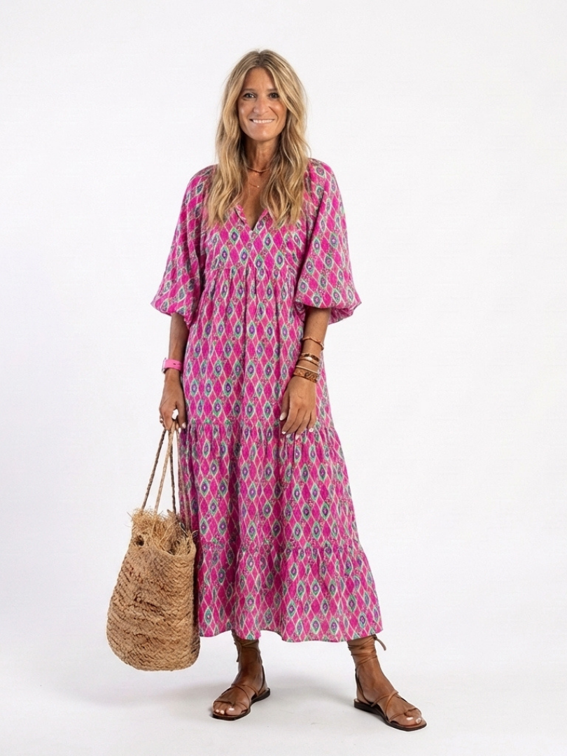 Elegant midi dress women V-neck patterned 3/4 sleeve soft fit