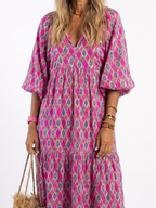 Elegant midi dress women V-neck patterned 3/4 sleeve soft fit