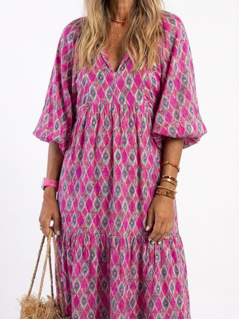 Elegant midi dress women V-neck patterned 3/4 sleeve soft fit