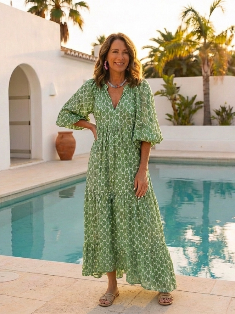 Elegant midi dress women V-neck patterned 3/4 sleeve soft fit