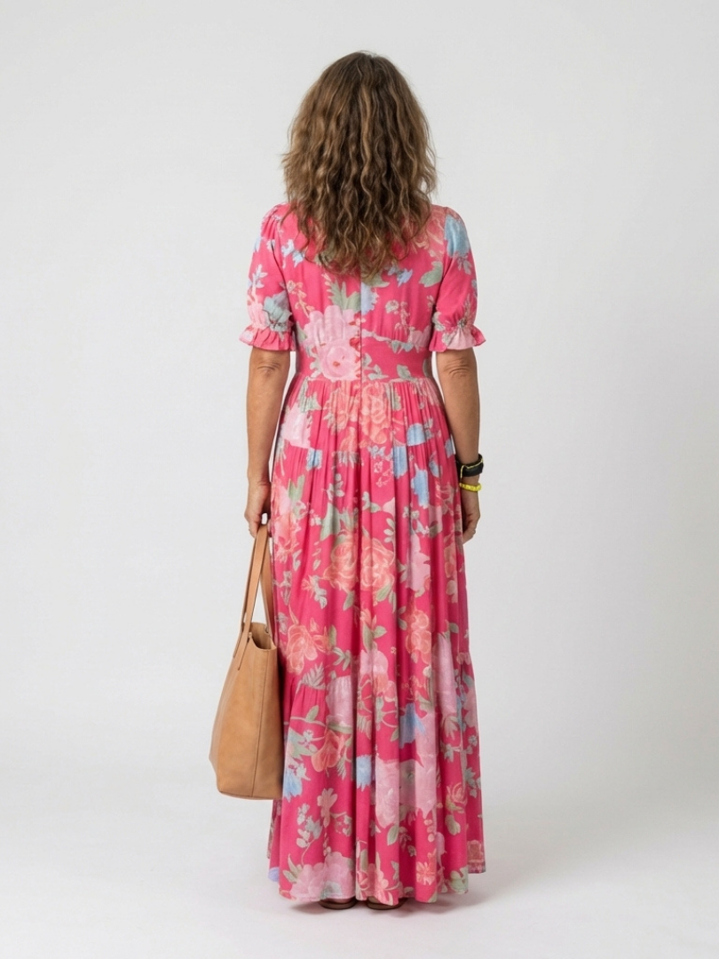 Elegant Floral Midi Dress Women V-neck Short Sleeve Soft Fit