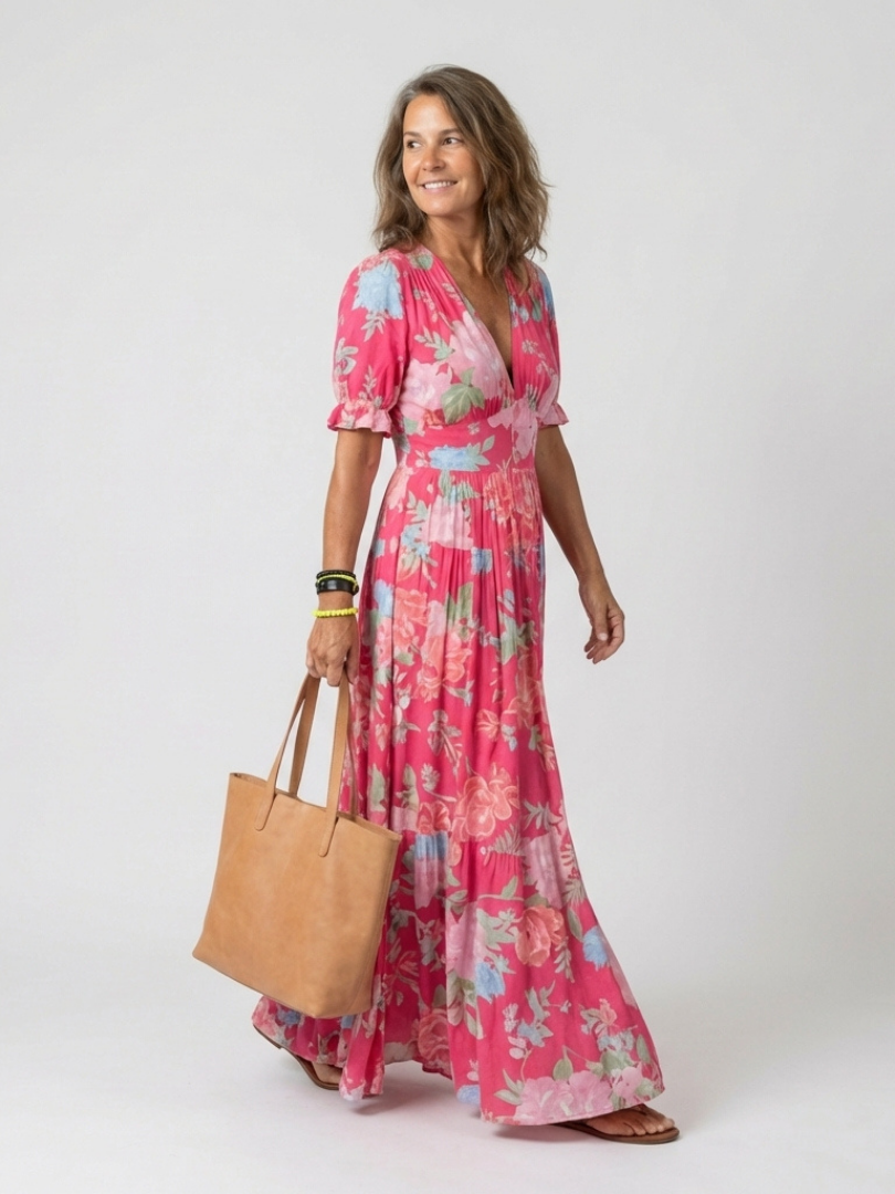 Elegant Floral Midi Dress Women V-neck Short Sleeve Soft Fit