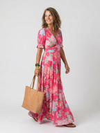 Elegant Floral Midi Dress Women V-neck Short Sleeve Soft Fit