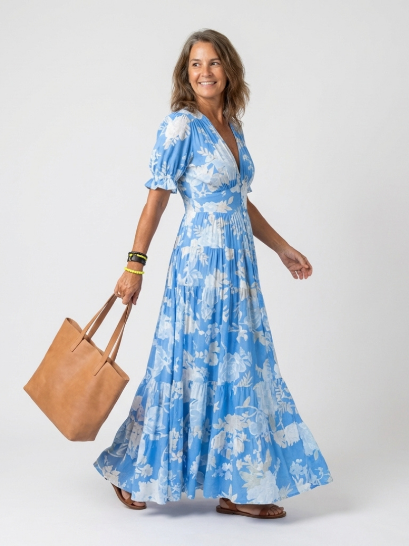 Elegant Floral Midi Dress Women V-neck Short Sleeve Soft Fit