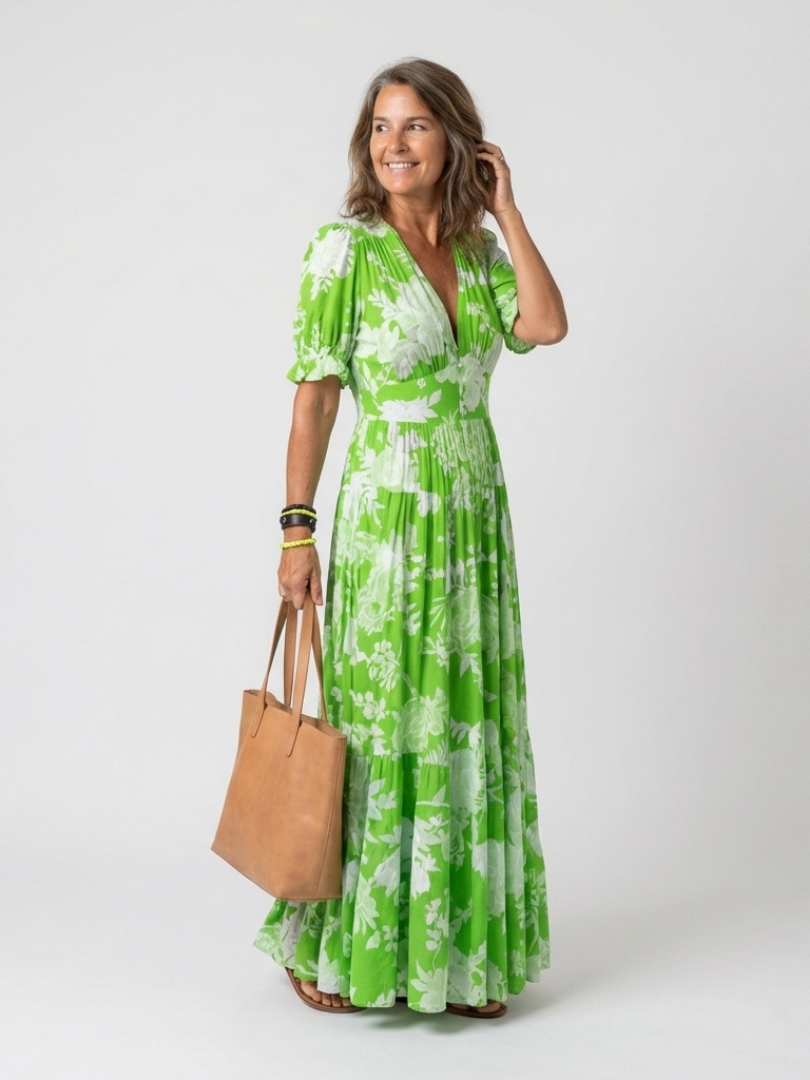 Elegant Floral Midi Dress Women V-neck Short Sleeve Soft Fit
