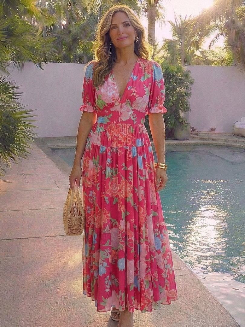 Elegant Floral Midi Dress Women V-neck Short Sleeve Soft Fit