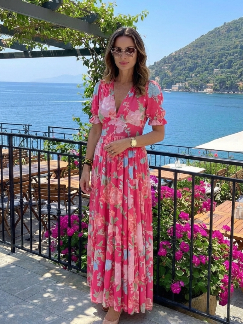 Elegant Floral Midi Dress Women V-neck Short Sleeve Soft Fit