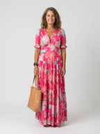 Elegant Floral Midi Dress Women V-neck Short Sleeve Soft Fit