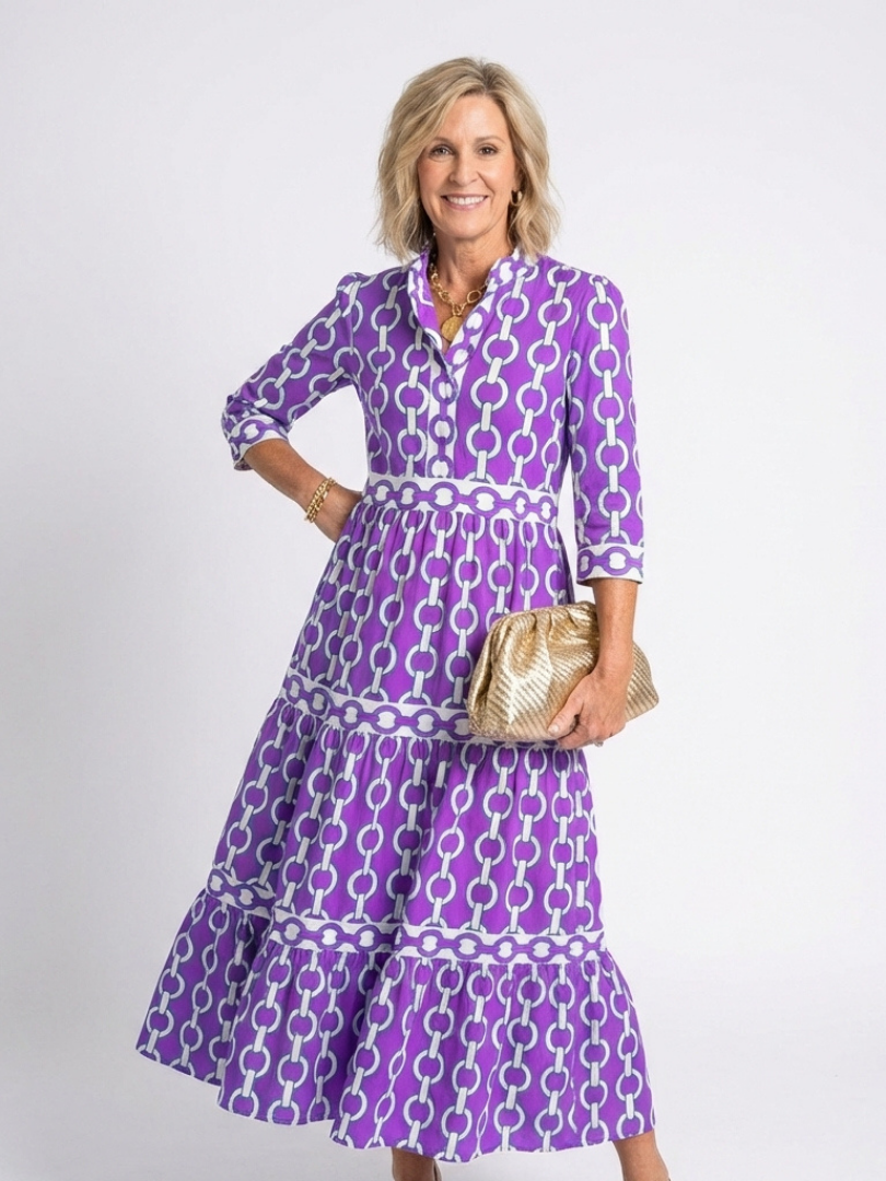 Stylish midi dress women chain pattern three quarter sleeve fit