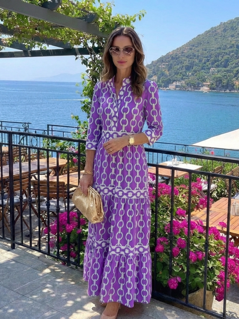 Stylish midi dress women chain pattern three quarter sleeve fit
