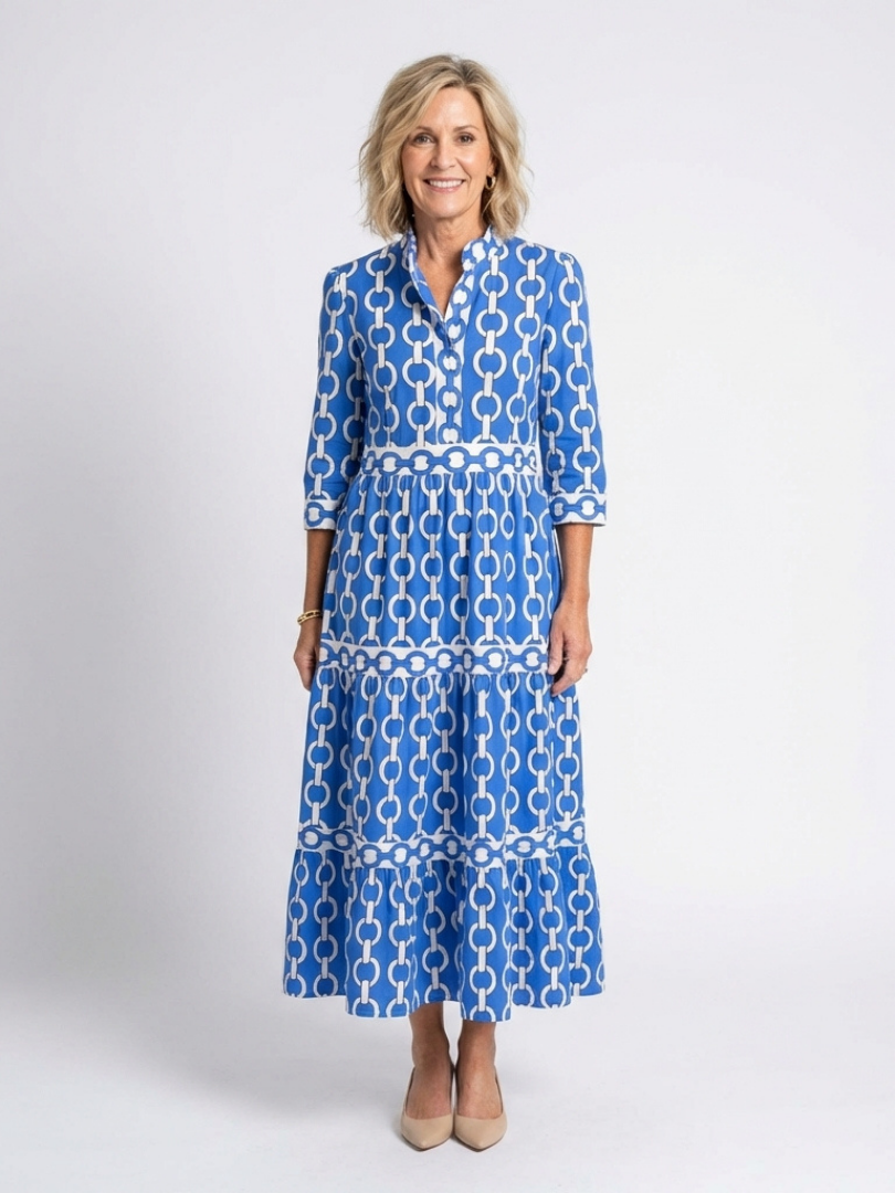 Stylish midi dress women chain pattern three quarter sleeve fit
