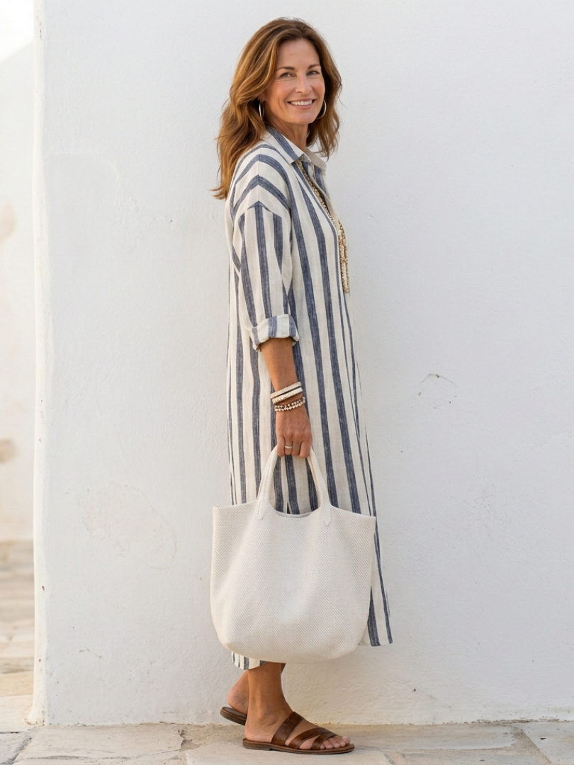 Elegant midi shirt dress women striped long sleeve button down chic comfort