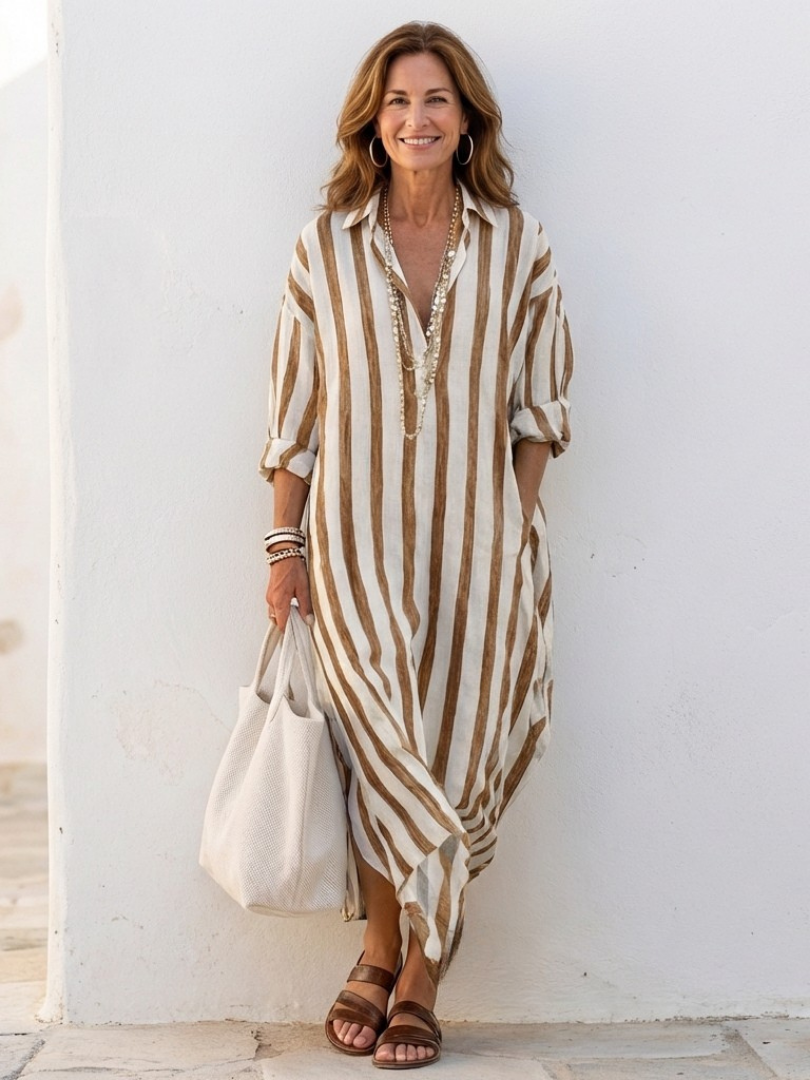 Elegant midi shirt dress women striped long sleeve button down chic comfort