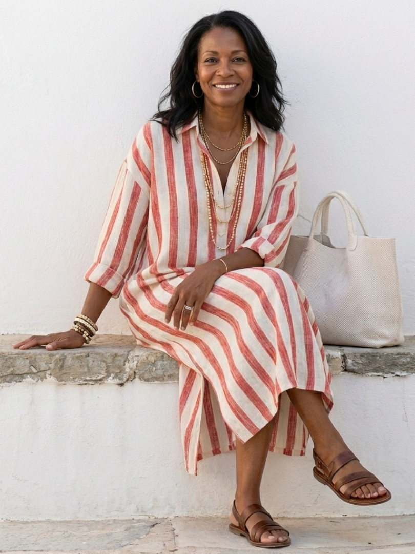 Elegant midi shirt dress women striped long sleeve button down chic comfort