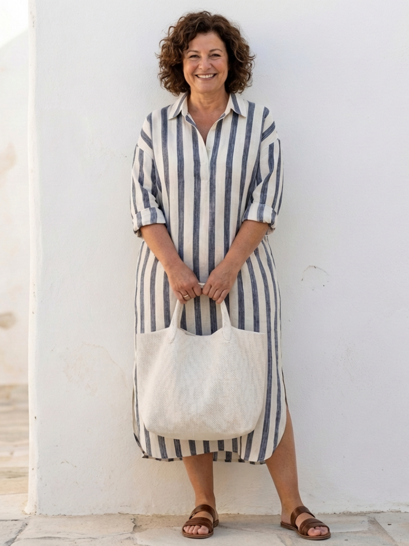 Elegant midi shirt dress women striped long sleeve button down chic comfort