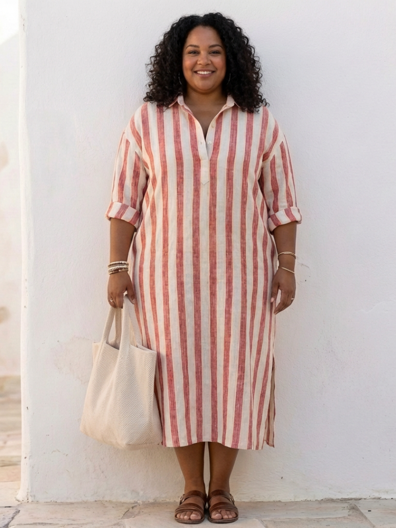 Elegant midi shirt dress women striped long sleeve button down chic comfort