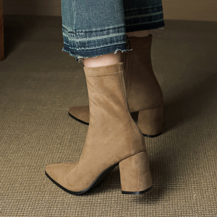 Alora | Women Suede Ankle Boots Block Heel Side Zip