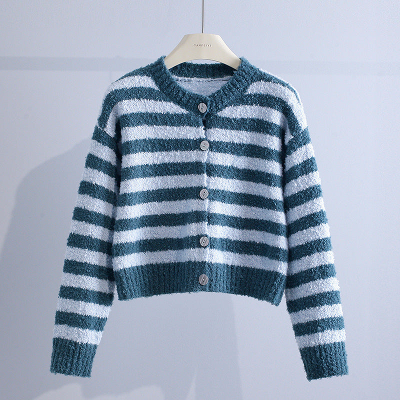 Teenie | Women's Striped Crew Neck Knit Cardigan