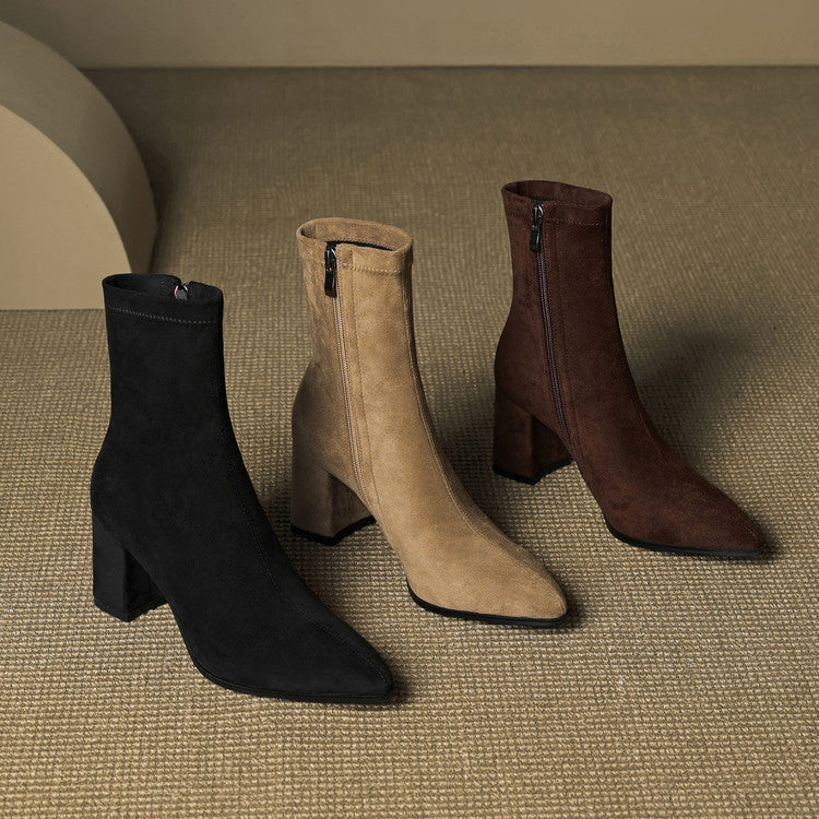 Alora | Women Suede Ankle Boots Block Heel Side Zip