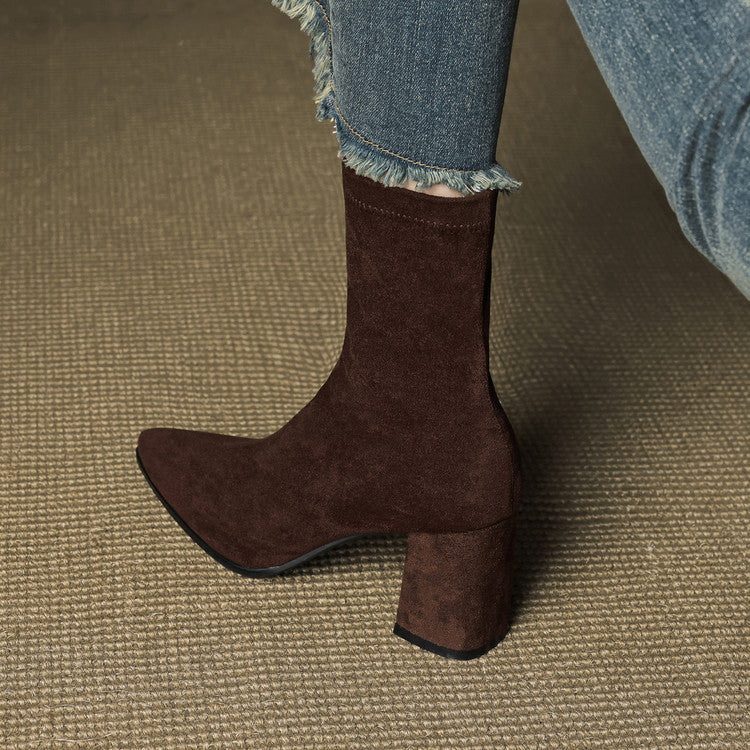 Alora | Women Suede Ankle Boots Block Heel Side Zip