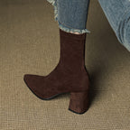 Alora | Women Suede Ankle Boots Block Heel Side Zip