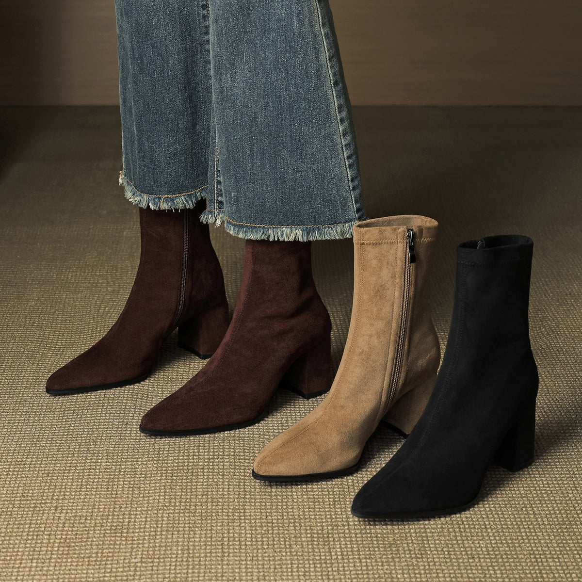 Alora | Women Suede Ankle Boots Block Heel Side Zip